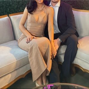 Zara Beige/Tan V Neck Ankle Length Dress with Lace Up Back